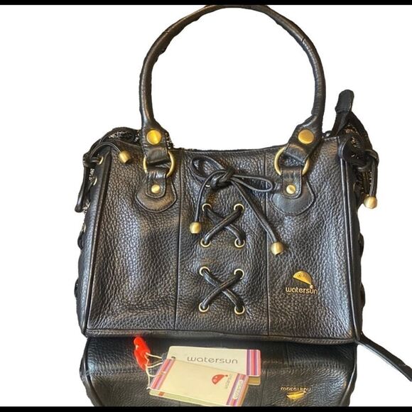 Watersun Australia nwt black leather tote laced up w gold hardware edgy moto - Picture 1 of 9